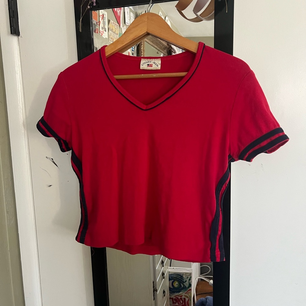 Russell Athletic Red V-Neck Crop Top with Black Trim